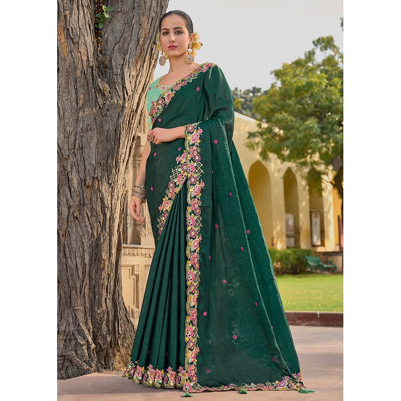 Dark Green Fancy Tissue Organza Silk Designer Saree