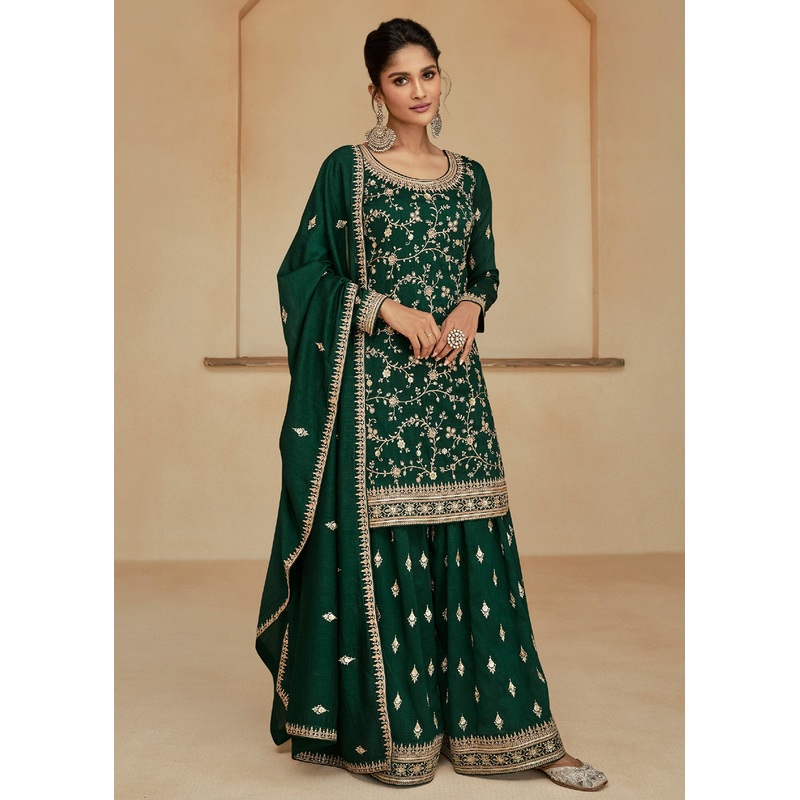 Dark Green Zari & Sequins Work Palazzo Salwar Suit