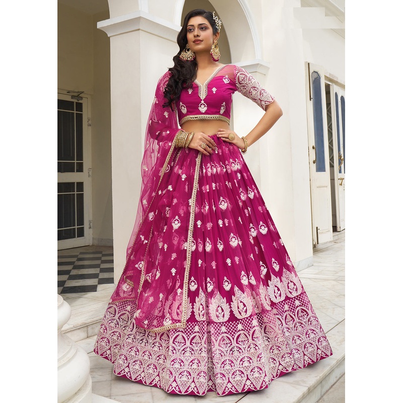 Dark Pink Net Embroidered Wedding Lehenga Choli