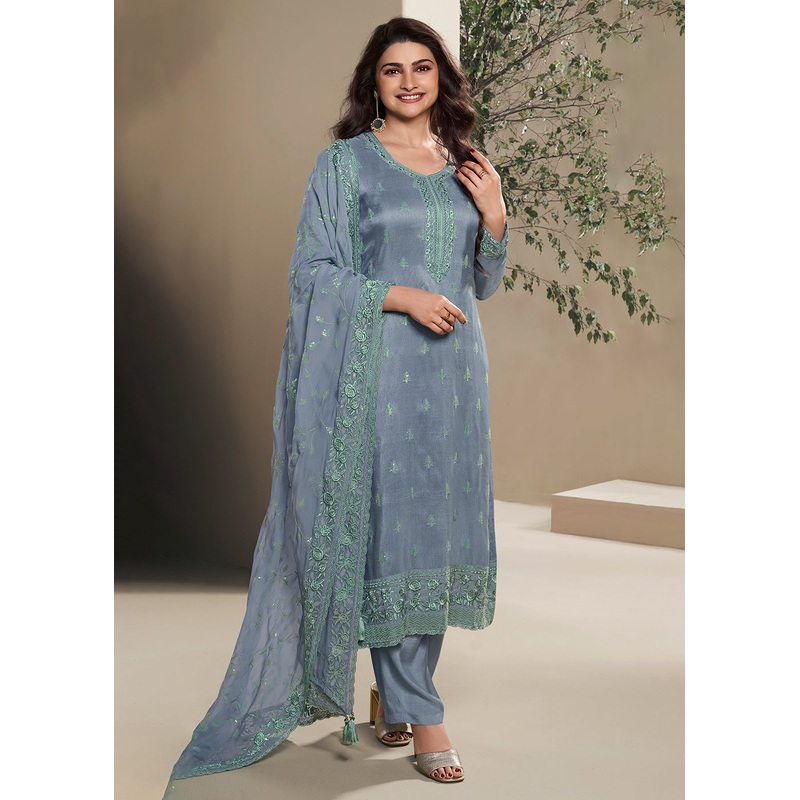 Dola Silk Blue Thread Embroidered Wedding Salwar Suit