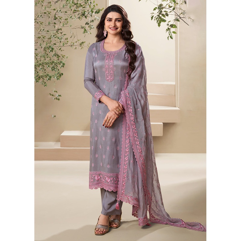 Dola Silk Lilac Thread Embroidered Wedding Salwar Suit