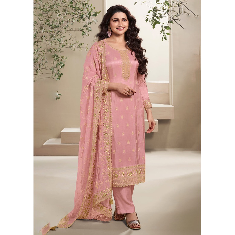 Dola Silk Peach Thread Embroidered Wedding Salwar Suit