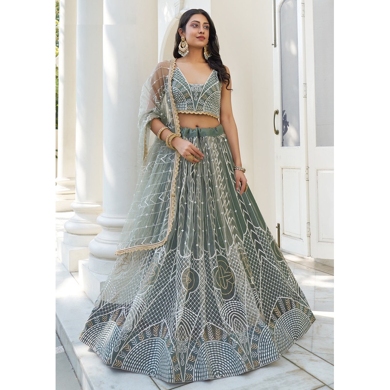 Dusty Green Net Embroidered Wedding Lehenga Choli