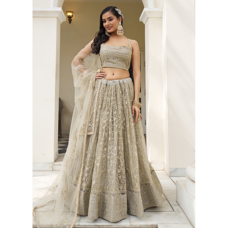 Dusty Ivory Net Embroidered Wedding Lehenga Choli
