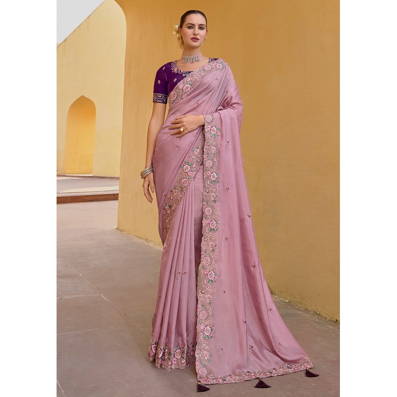 Dusty Pink Fancy Tissue Organza Silk Designer Saree