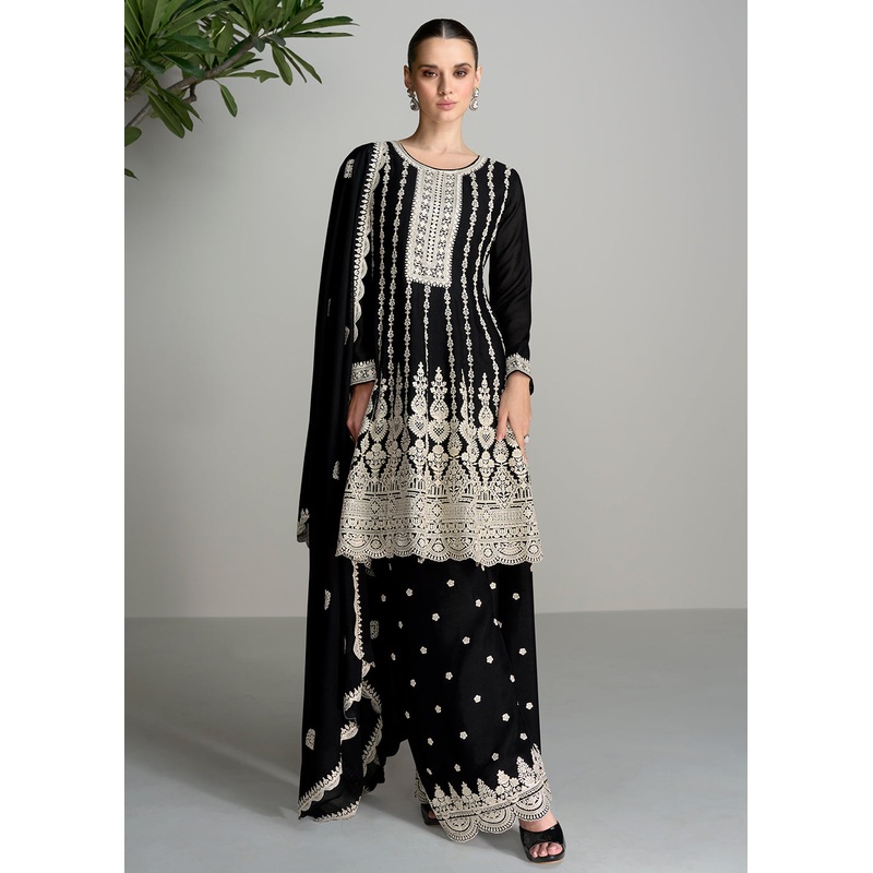 Embroidered Black Chinnon Wedding Festive Palazzo Suit