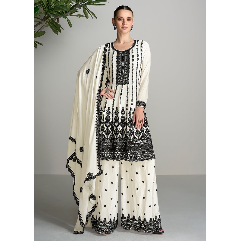 Embroidered Off White Chinnon Wedding Festive Palazzo Suit