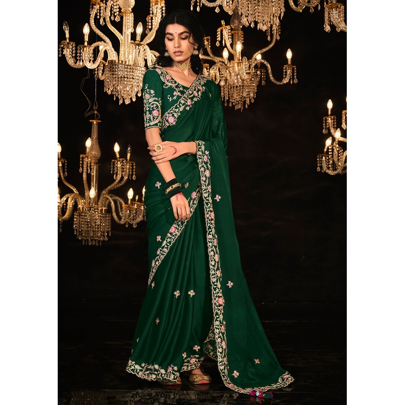 Fancy Bottle Green Embroidered Designer Wedding Wear Saree