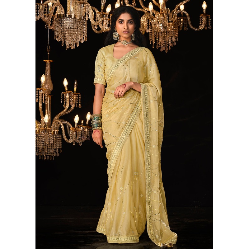 Fancy Bright Yellow Embroidered Designer Wedding Wear Saree