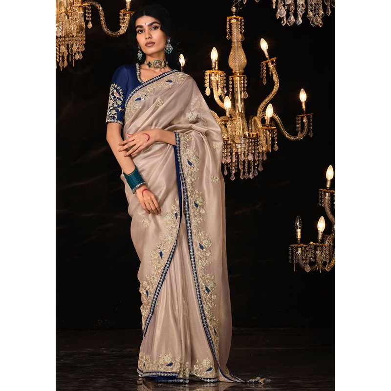 Fancy Cream Embroidered Designer Wedding Wear Saree
