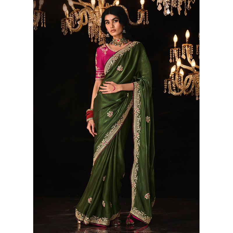 Fancy Green Embroidered Designer Wedding Wear Saree