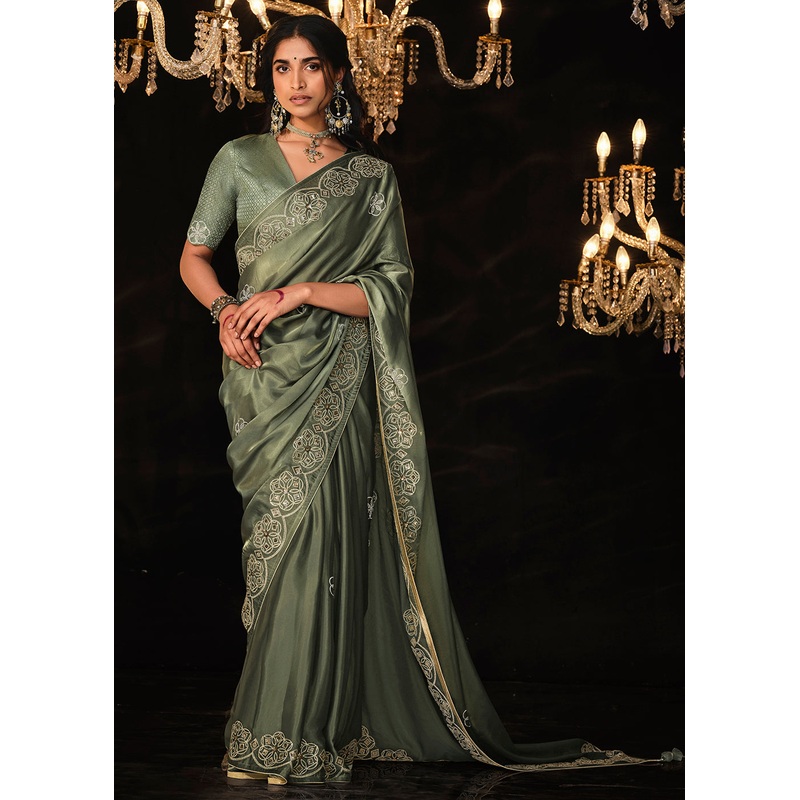 Fancy Grey Embroidered Designer Wedding Wear Saree