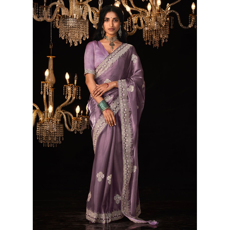 Fancy Lavender Embroidered Designer Wedding Wear Saree