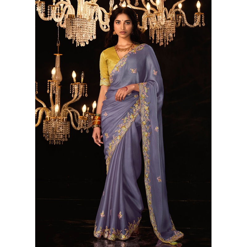 Fancy Light Lavender Embroidered Designer Wedding Wear Saree