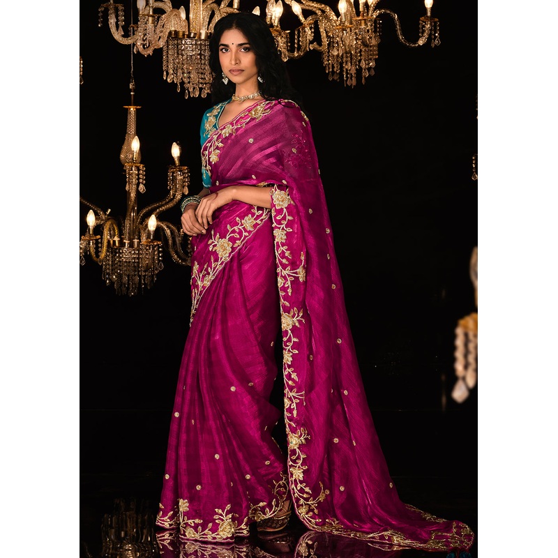 Fancy Magenta Pink Embroidered Designer Wedding Wear Saree