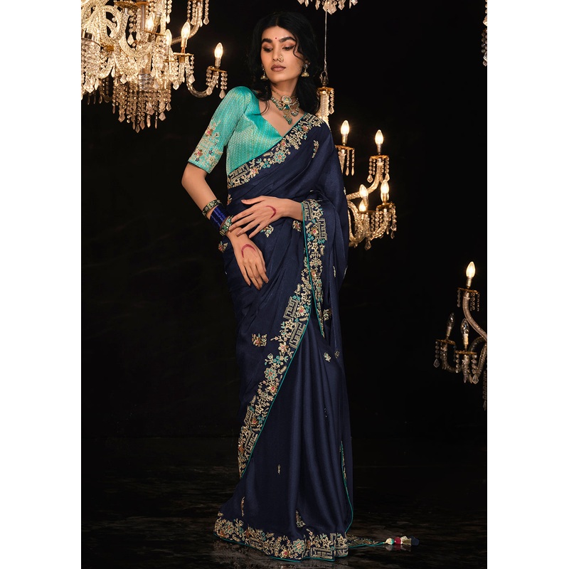 Fancy Navy Blue Embroidered Designer Wedding Wear Saree