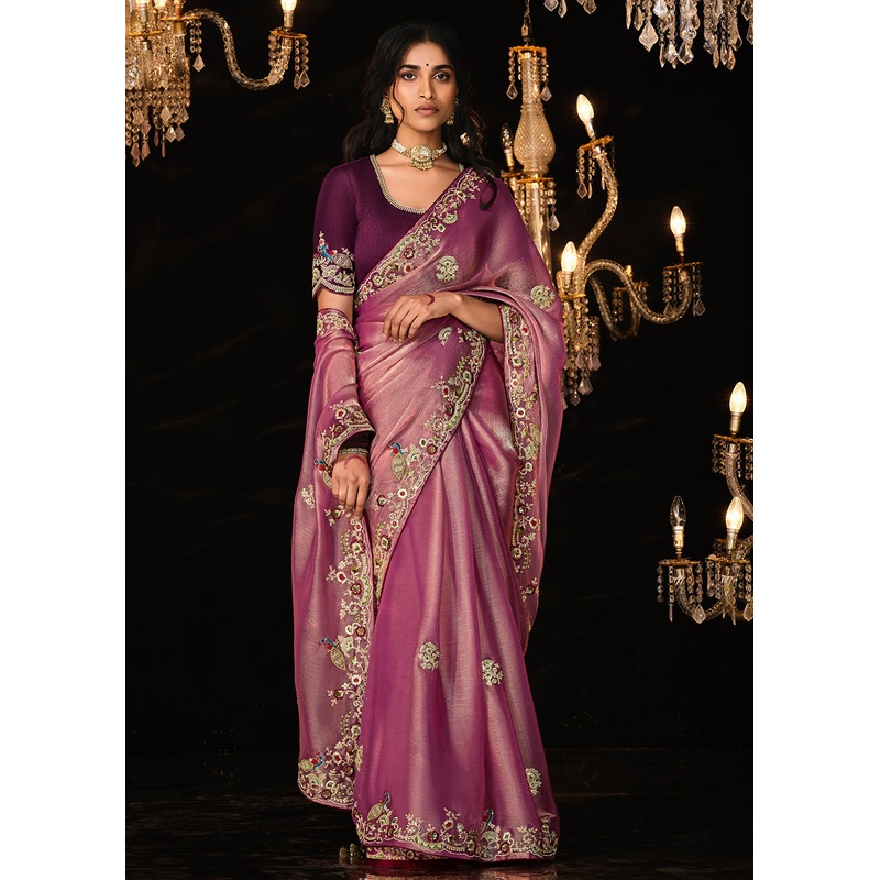 Fancy Plum Violet Embroidered Designer Wedding Wear Saree
