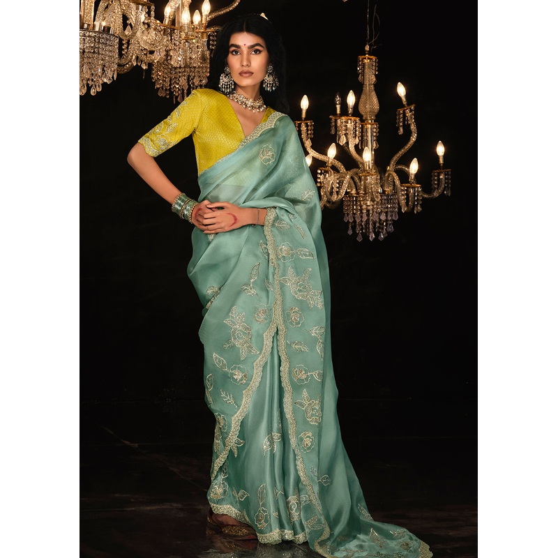 Fancy Powder Blue Embroidered Designer Wedding Wear Saree