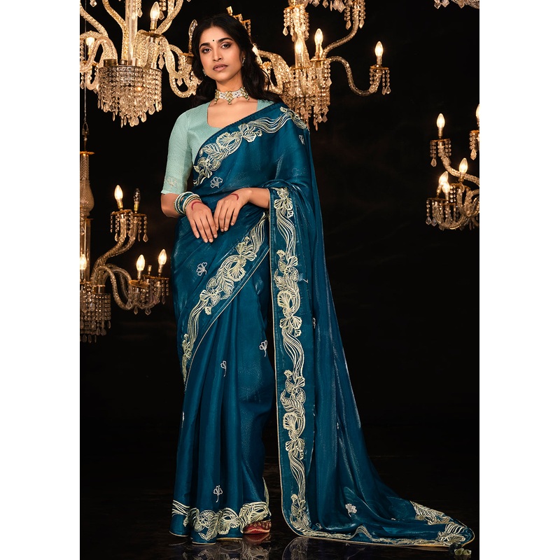 Fancy Royal Blue Embroidered Designer Wedding Wear Saree