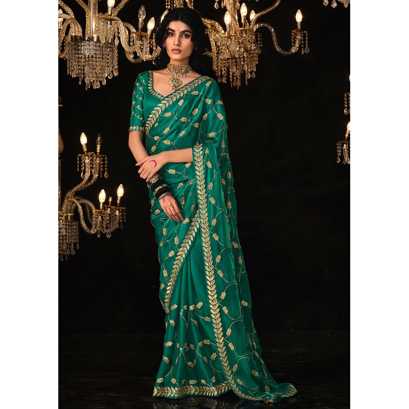 Fancy Teal Green Embroidered Designer Wedding Wear Saree