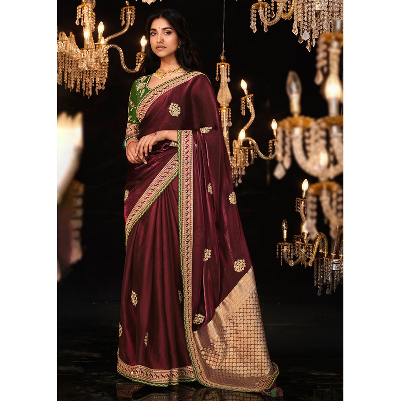 Fancy Wine Embroidered Designer Wedding Wear Saree