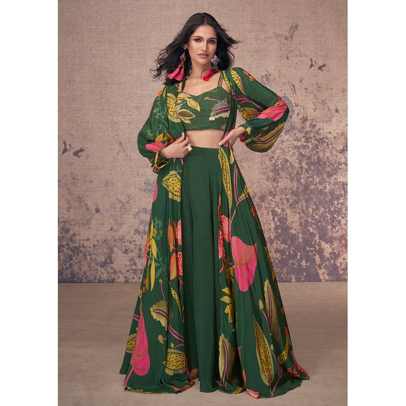 Green Crepe Silk Jacket Style Indo Western Dress