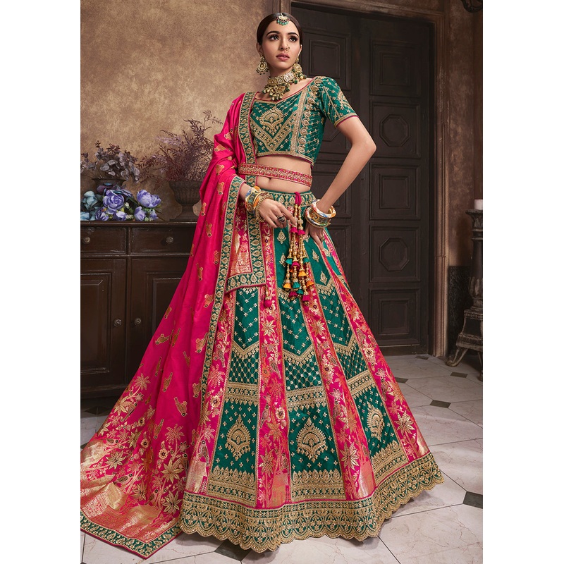 Green & Pink Banarasi Silk Bridal Designer Lehenga Choli