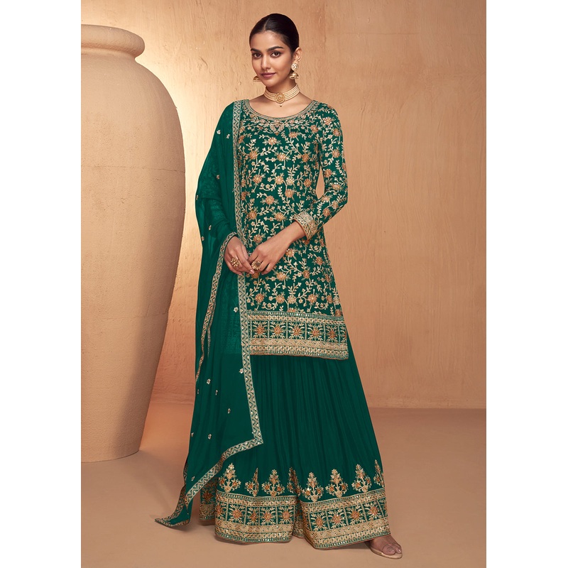 Green Real Chinnon Embroidered Wedding Festive Palazzo Suit
