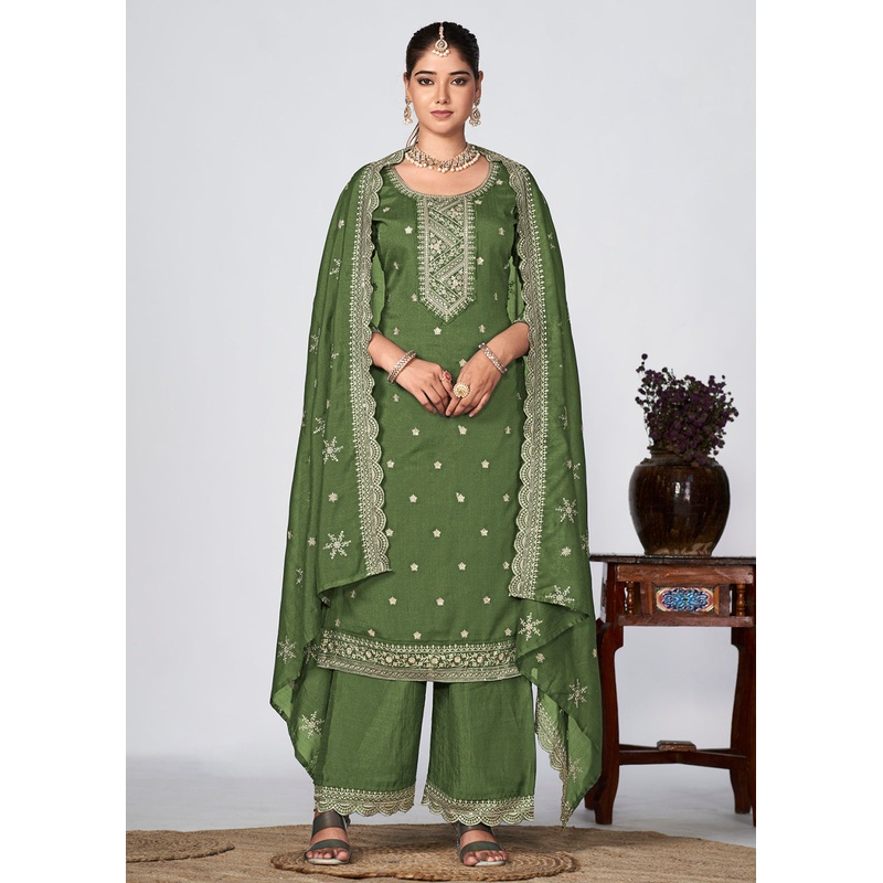 Green Vichitra Silk Embroidered Wedding Festive Palazzo Suit