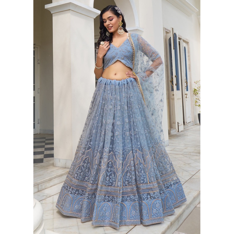 Greyish Blue Net Embroidered Wedding Lehenga Choli