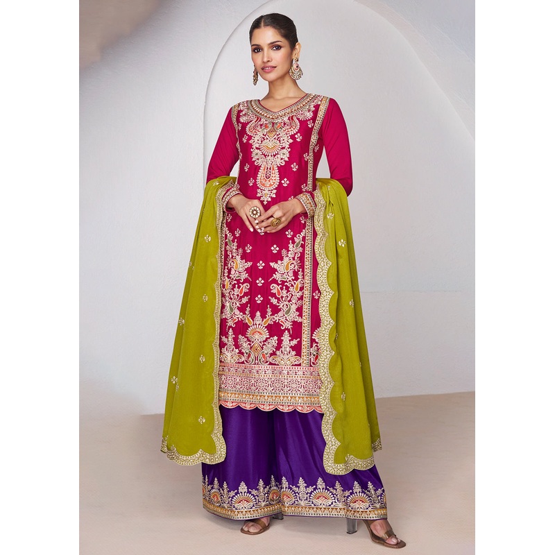 Hot Pink & Purple Ceremonial Designer Palazzo Suit