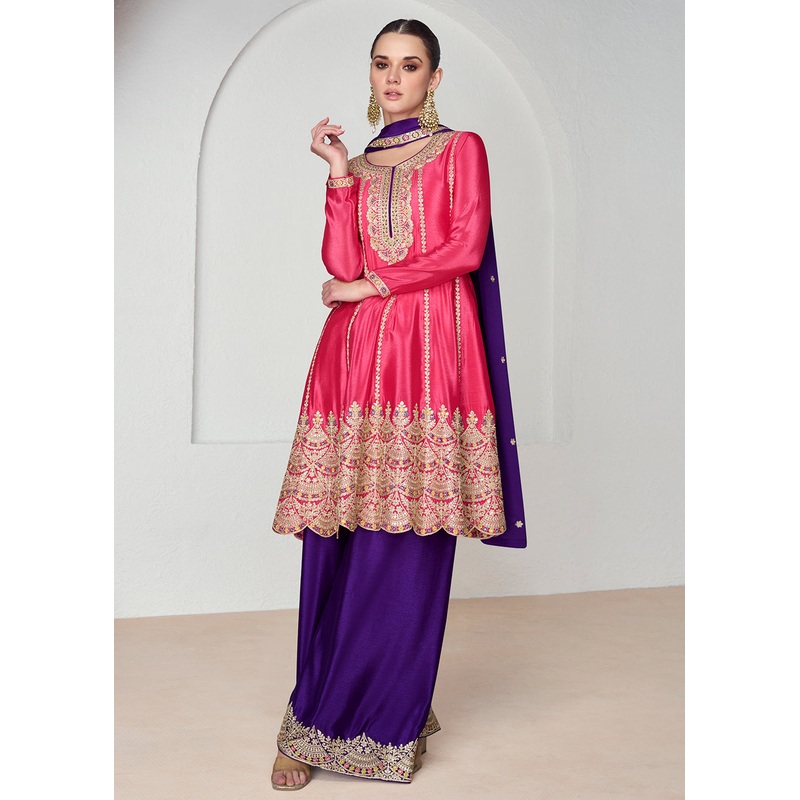 Hot Pink & Purple Premium Chinnon Silk Palazzo Suit