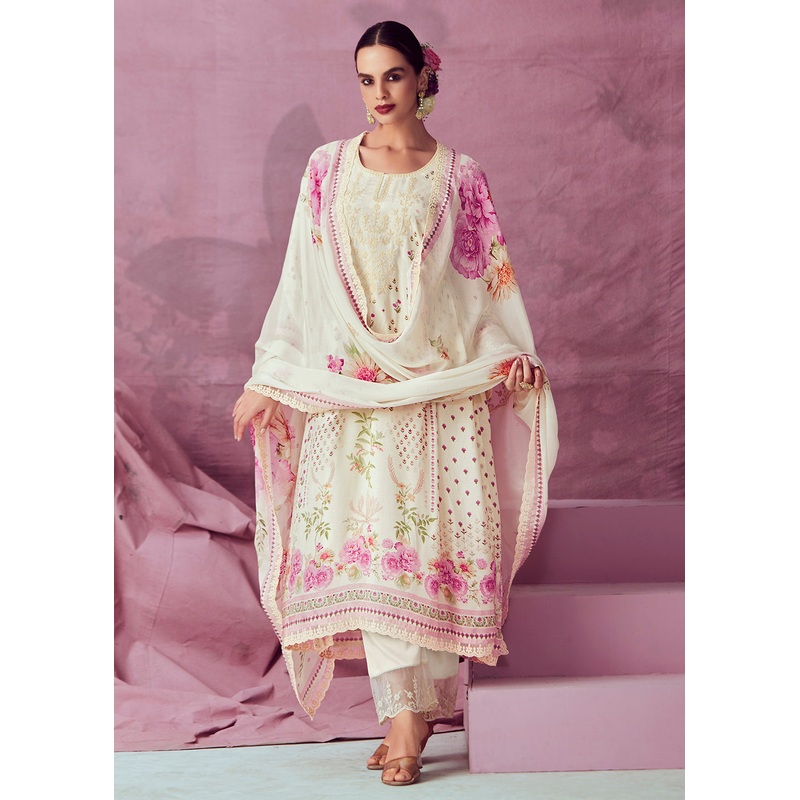 Ivory & Pink Muslin Cotton Printed Trendy Salwar Kurta Set