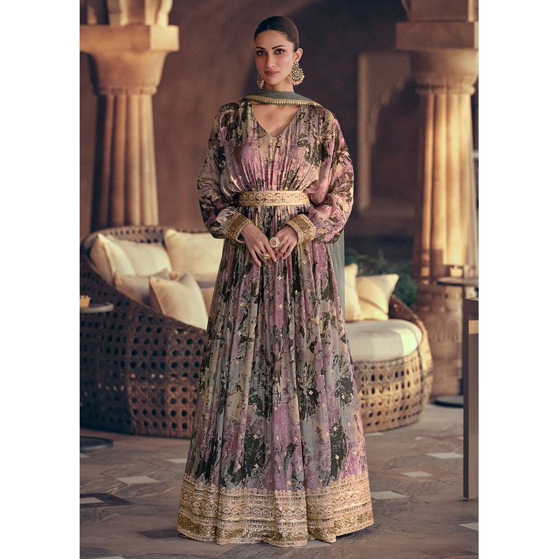 Lavender Multicolor Digital Printed Designer Anarkali Gown