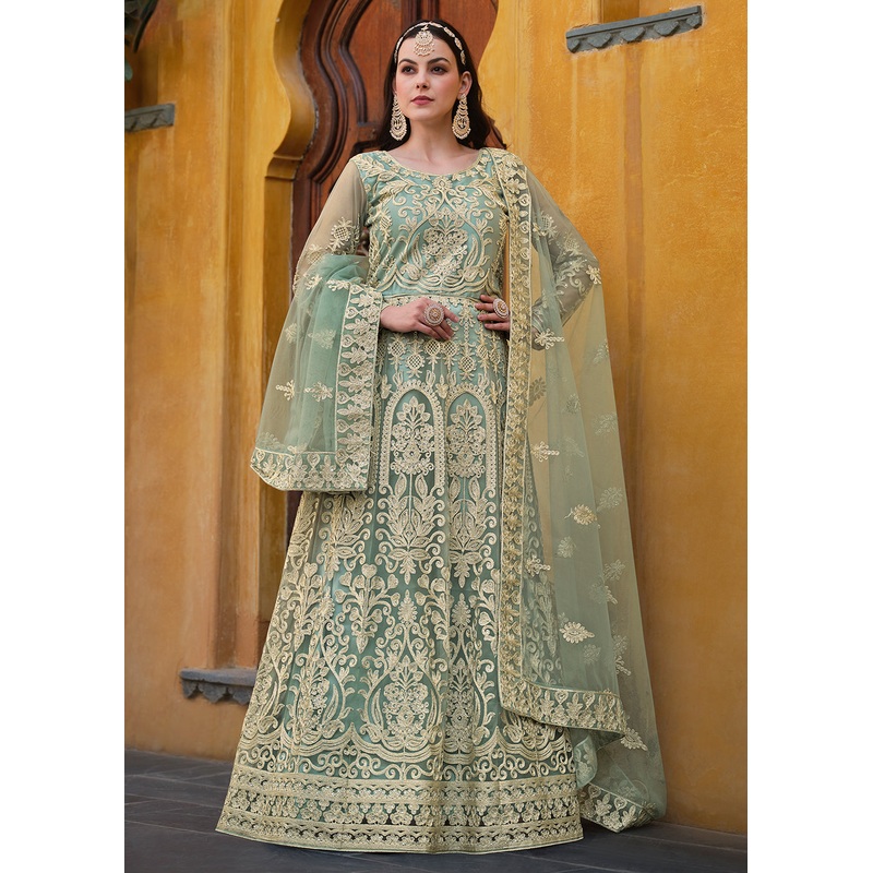 Light Green Pure Butterfly Net Wedding Wear Anarkali Suit