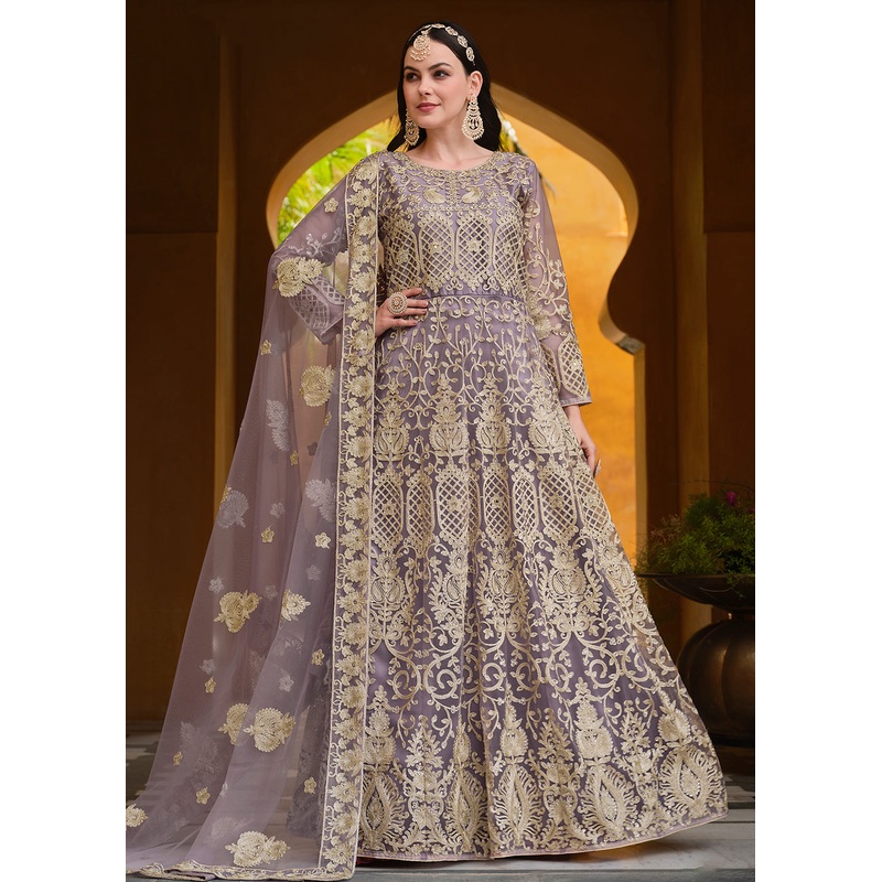 Light Purple Pure Butterfly Net Wedding Wear Anarkali Suit