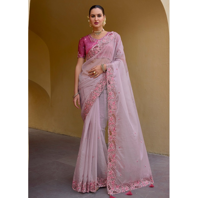 Lilac Fancy Tissue Organza Silk Designer Saree