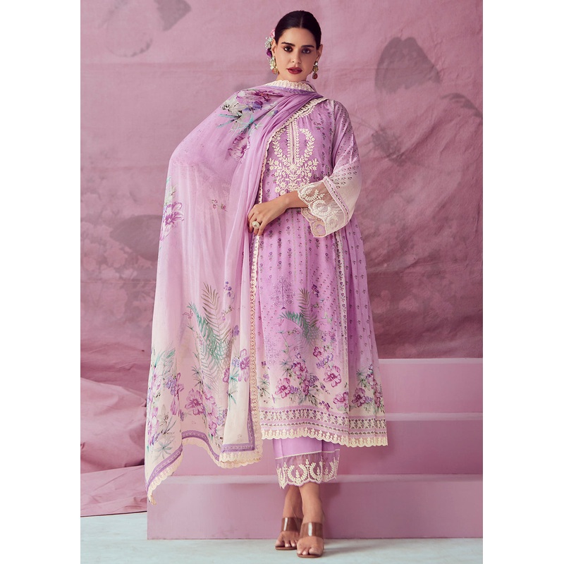 Lilac Pink Muslin Cotton Printed Trendy Salwar Kurta Set
