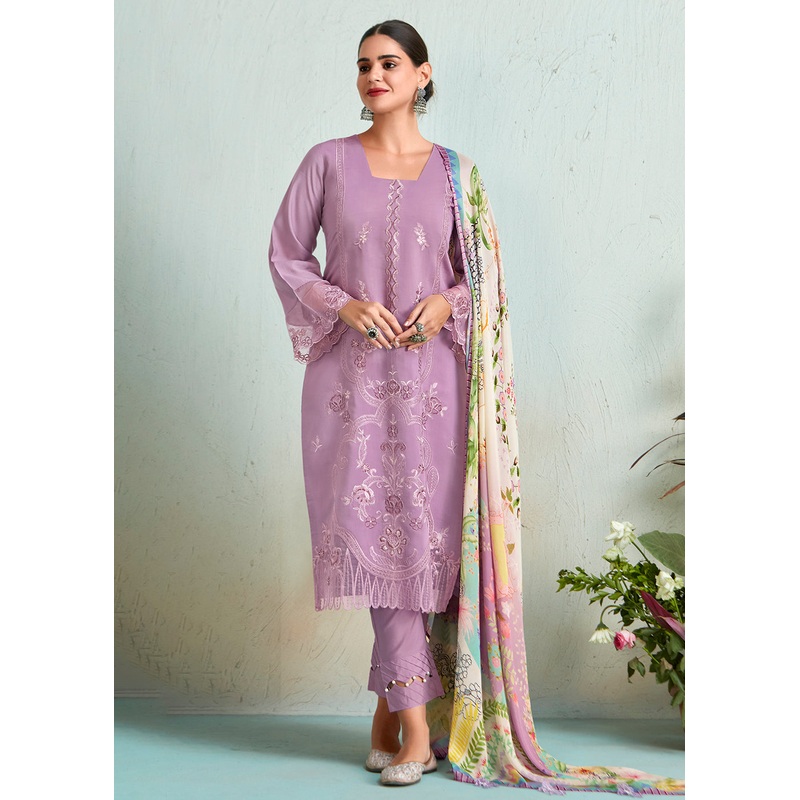Lilac Pink Pure Muslin Resham Embroidered Salwar Suit