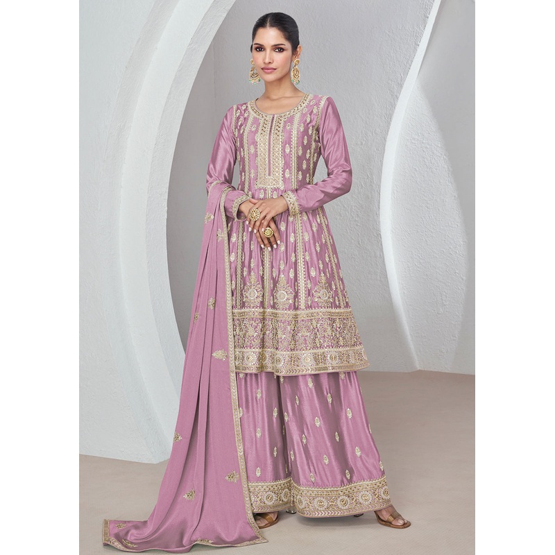 Lilac Purple Chinnon Silk Wedding Festive Palazzo Dress