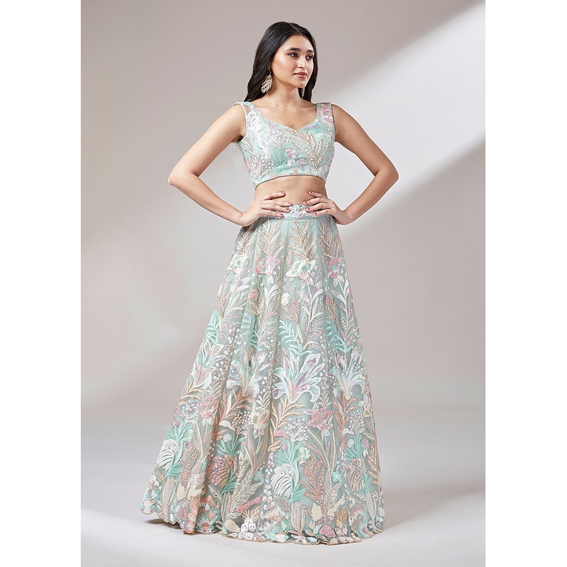 Lime Green Sequinned Embroidered Bridesmaid Lehenga Choli