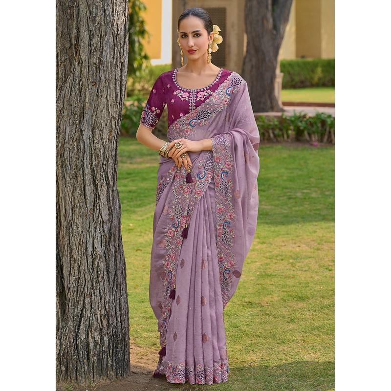 Mauve Fancy Tissue Organza Silk Designer Saree