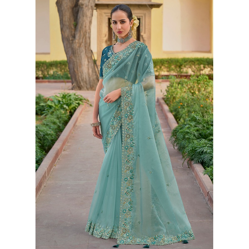 Mint Blue Fancy Tissue Organza Silk Designer Saree