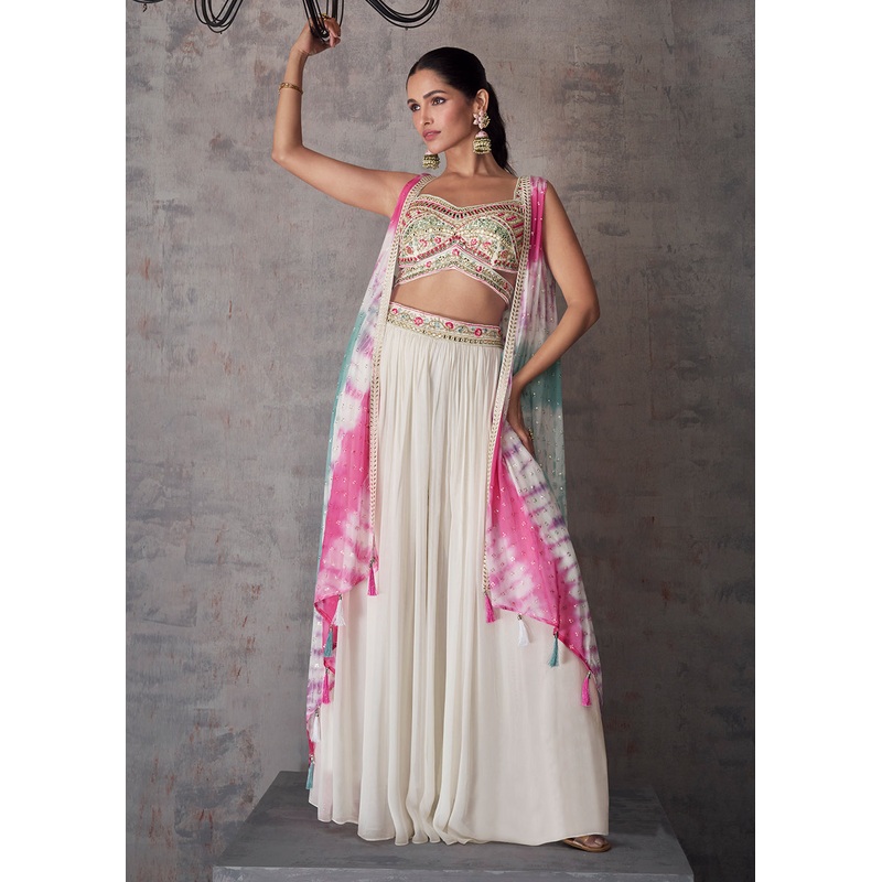 Multi White Indo Western Style Party Wear Palazzo Suit