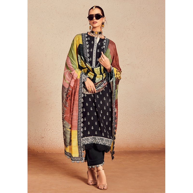 Muslin Cotton Black Digital Print & Embroidered Salwar Suit