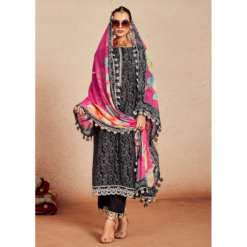 Muslin Cotton Digital Print & Embroidered Black Salwar Suit