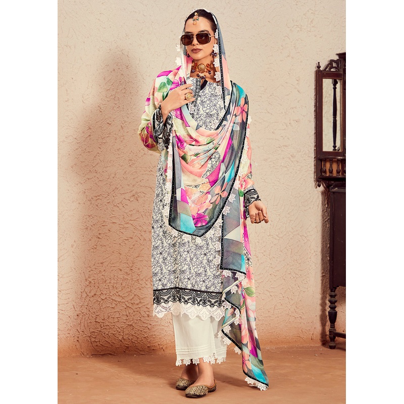 Muslin Cotton Digital Print & Embroidered Off White Salwar Suit