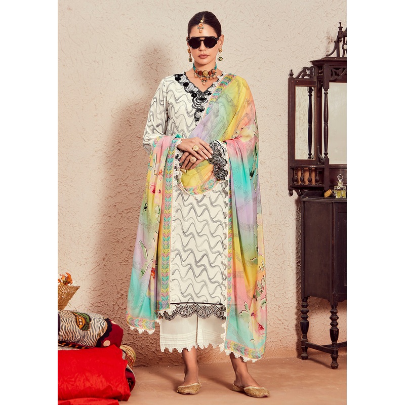 Muslin Cotton Off White Digital Print & Embroidered Salwar Suit