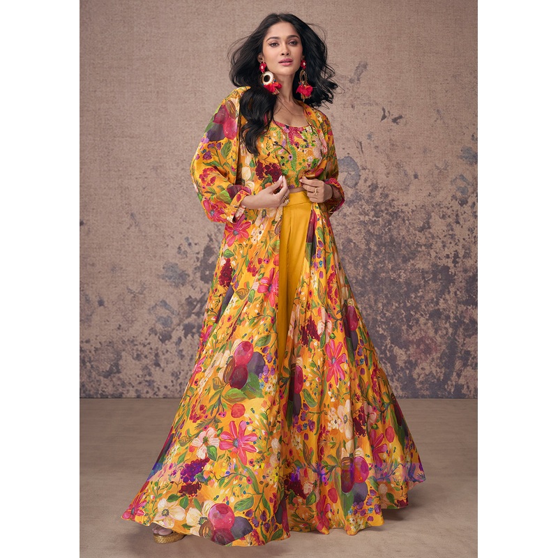 Mustard Crepe Silk Jacket Style Indo Western Dress