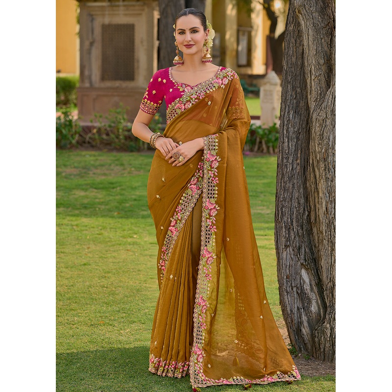 Mustard Fancy Tissue Organza Silk Designer Saree